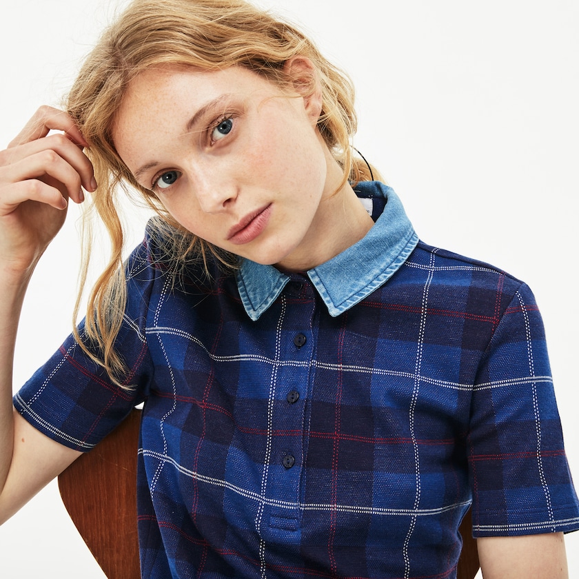 Camisa Polo Azul Marinho Azuis Azuis Feminino Lacoste Tartan Check Cotton Jacquard UF3-47394B9