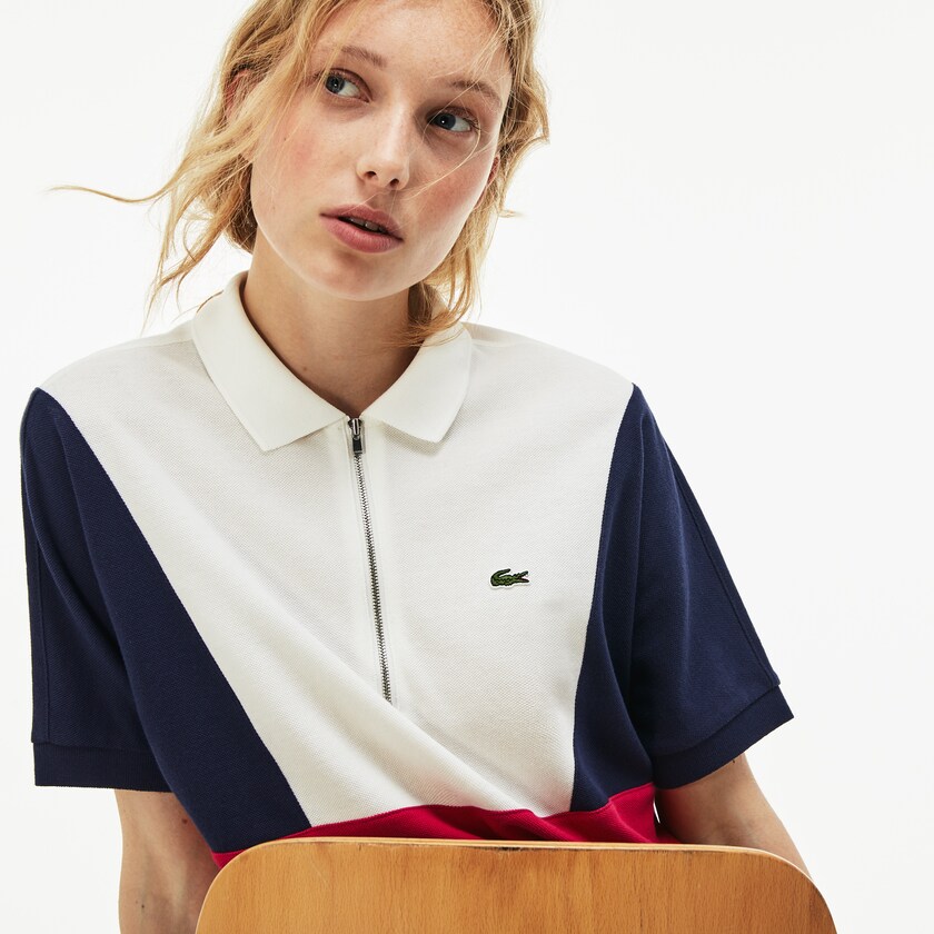Camisa Polo Branco Azul Marinho Azuis Vermelhas Feminino Lacoste Zip Neck Colorblock Terrycloth Piqué EB9-86908W5