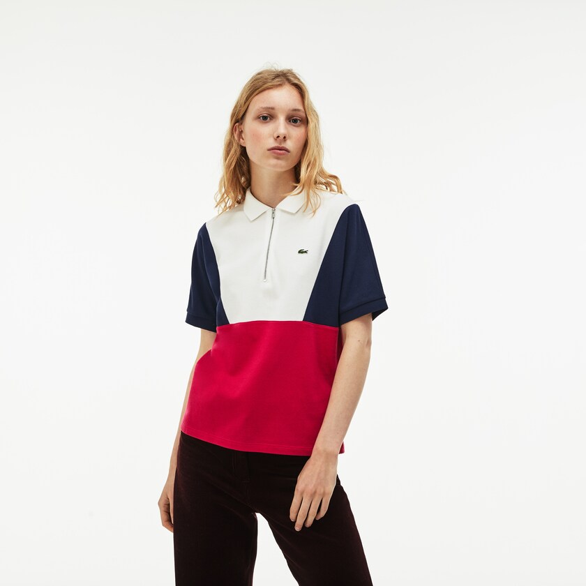 Camisa Polo Branco Azul Marinho Azuis Vermelhas Feminino Lacoste Zip Neck Colorblock Terrycloth Piqué EB9-86908W5