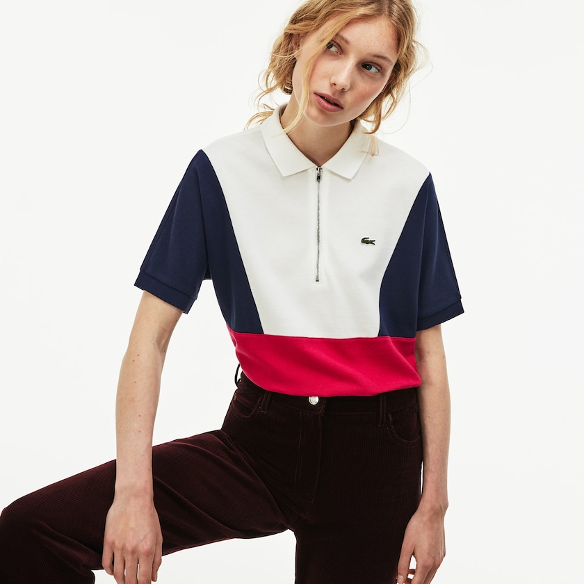 Camisa Polo Branco Azul Marinho Azuis Vermelhas Feminino Lacoste Zip Neck Colorblock Terrycloth Piqué EB9-86908W5
