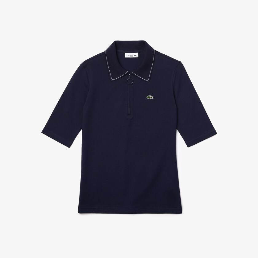 Camisa Polo Azul Marinho Azuis Branco Feminino Lacoste Zippered Slim Fit Cotton Piqué ZB0-86718P7
