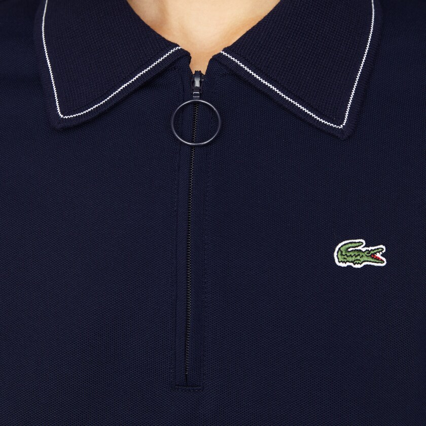Camisa Polo Azul Marinho Azuis Branco Feminino Lacoste Zippered Slim Fit Cotton Piqué ZB0-86718P7