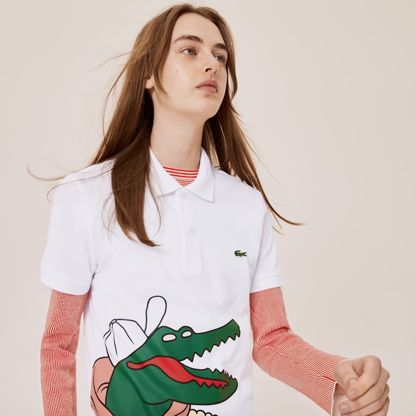 Camisa Polo Branco Amarelas Feminino Lacoste x Jean-Michel Tixier Print Classic Fit QY7-00660Y7