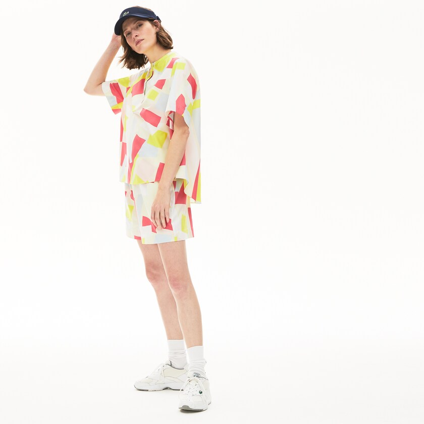 Camisas Amarelas Branco Feminino Lacoste Abstract-Print Cotton Blend Blouse IV8-22242Q6