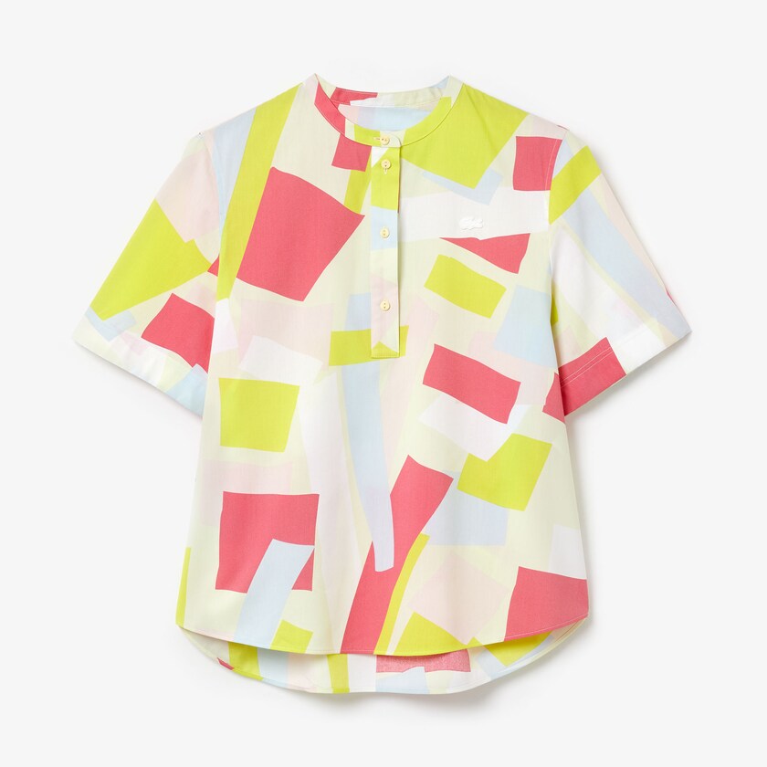 Camisas Amarelas Branco Feminino Lacoste Abstract-Print Cotton Blend Blouse IV8-22242Q6