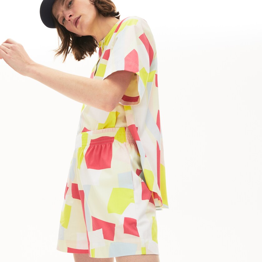 Camisas Amarelas Branco Feminino Lacoste Abstract-Print Cotton Blend Blouse IV8-22242Q6