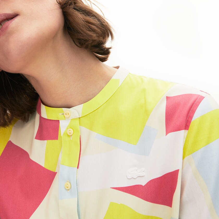 Camisas Amarelas Branco Feminino Lacoste Abstract-Print Cotton Blend Blouse IV8-22242Q6