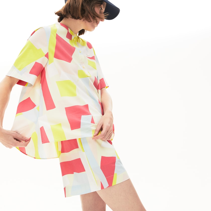 Camisas Amarelas Branco Feminino Lacoste Abstract-Print Cotton Blend Blouse IV8-22242Q6