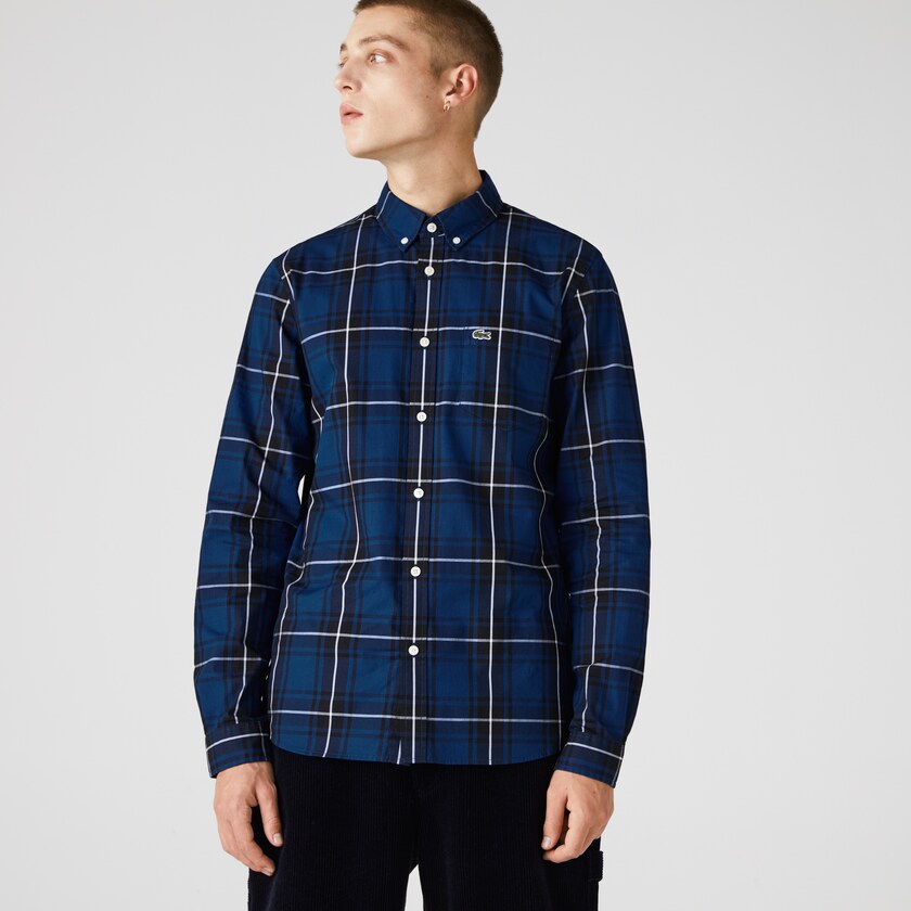 Camisas Azuis Pretas Branco Masculino Lacoste Checked Slim Fit Stretch Cotton Poplin CY3-05030Q5