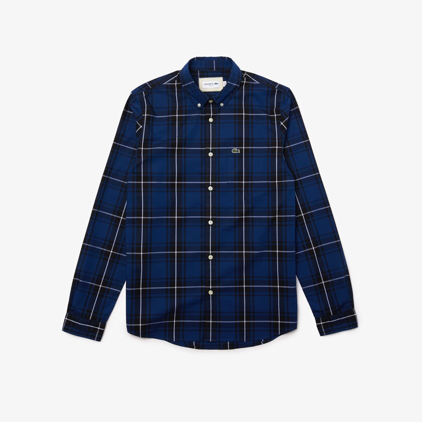 Camisas Azuis Pretas Branco Masculino Lacoste Checked Slim Fit Stretch Cotton Poplin CY3-05030Q5