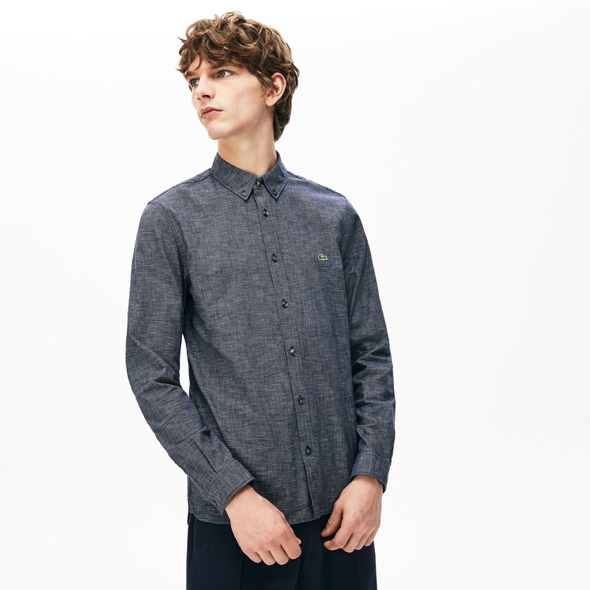Camisas Azul Marinho Azuis Masculino Lacoste Checkered Cotton YU2-31153U1