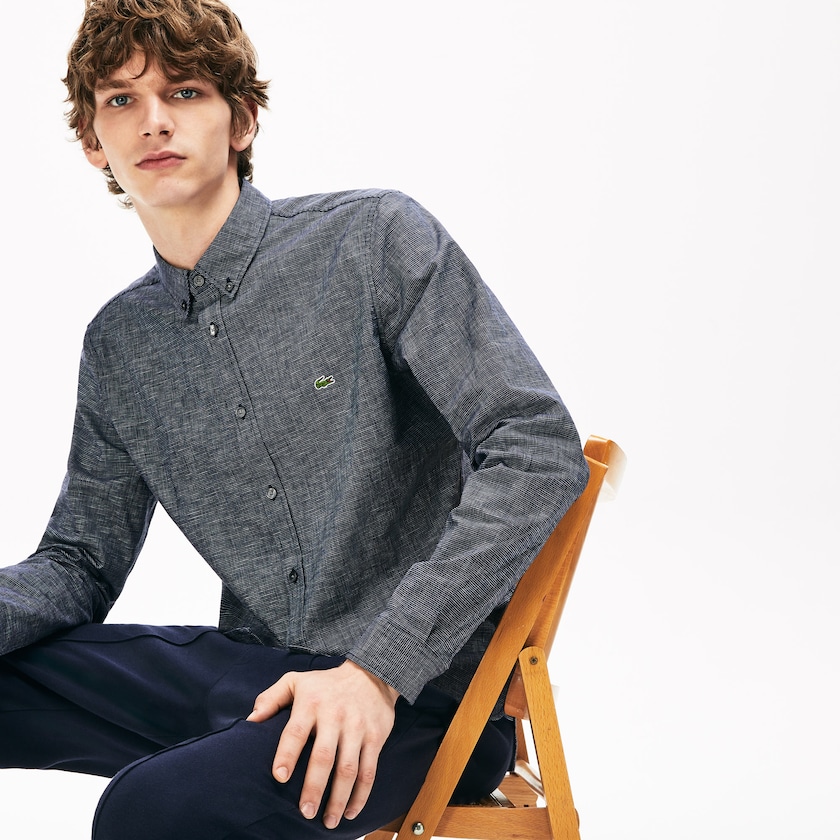 Camisas Azul Marinho Azuis Masculino Lacoste Checkered Cotton YU2-31153U1