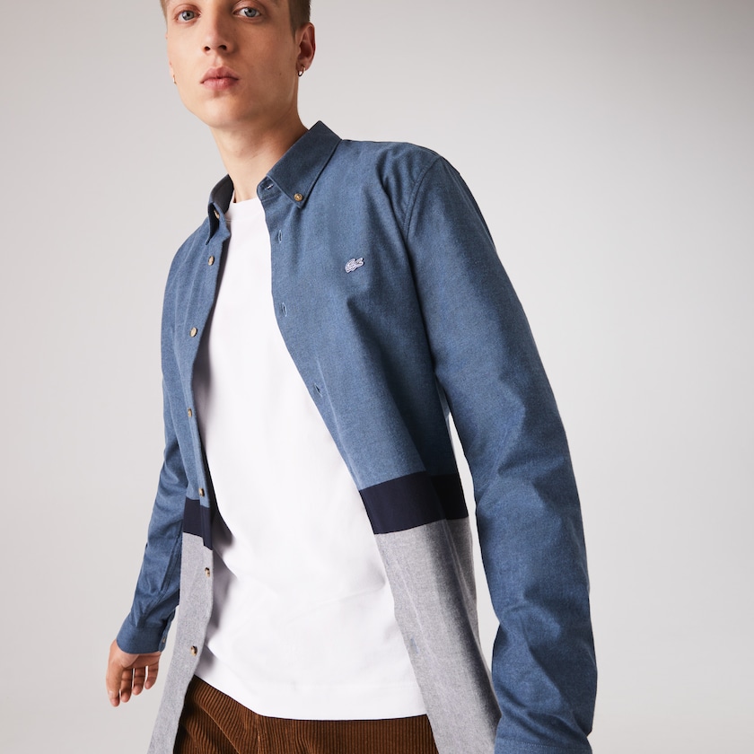 Camisas Azul Marinho Azuis Azuis Branco Masculino Lacoste Colorblock Regular Fit Cotton Flannel JB4-21942B9