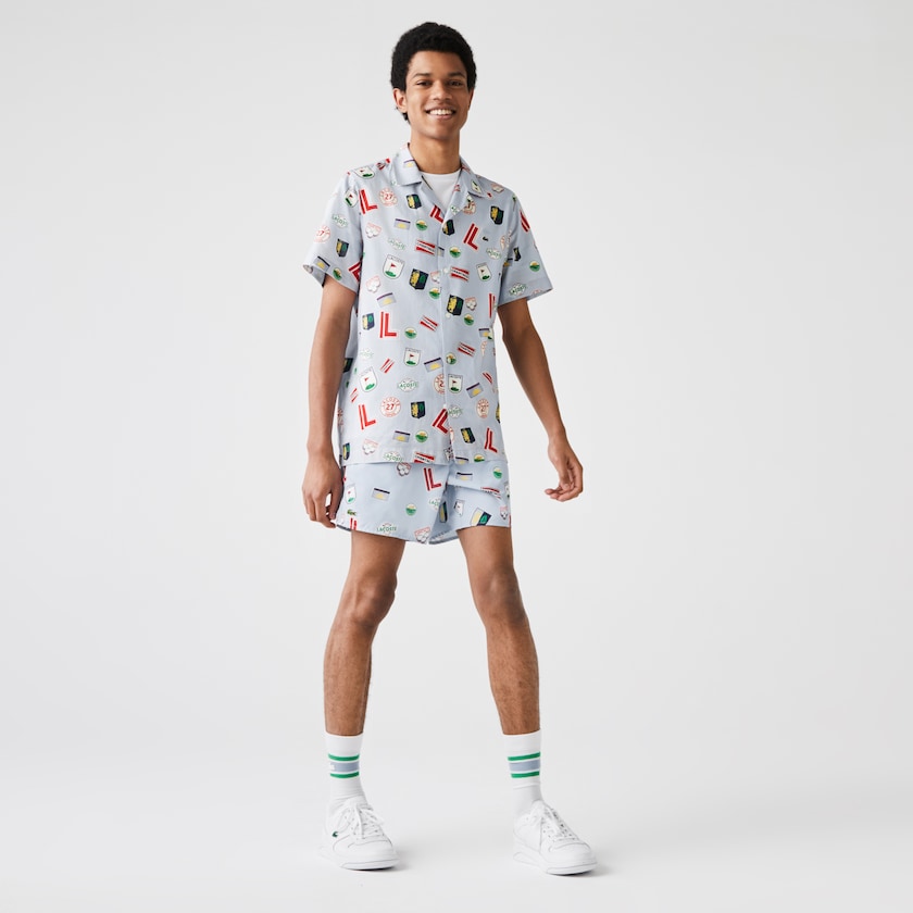 Camisas Azuis Branco Masculino Lacoste Hawaiian Print Cotton OL5-67106S3