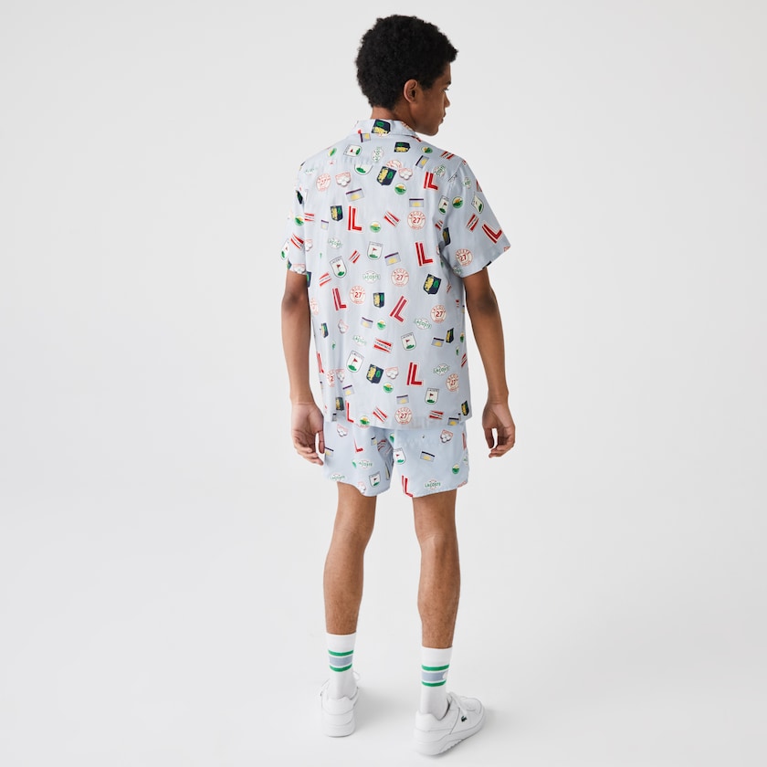 Camisas Azuis Branco Masculino Lacoste Hawaiian Print Cotton OL5-67106S3