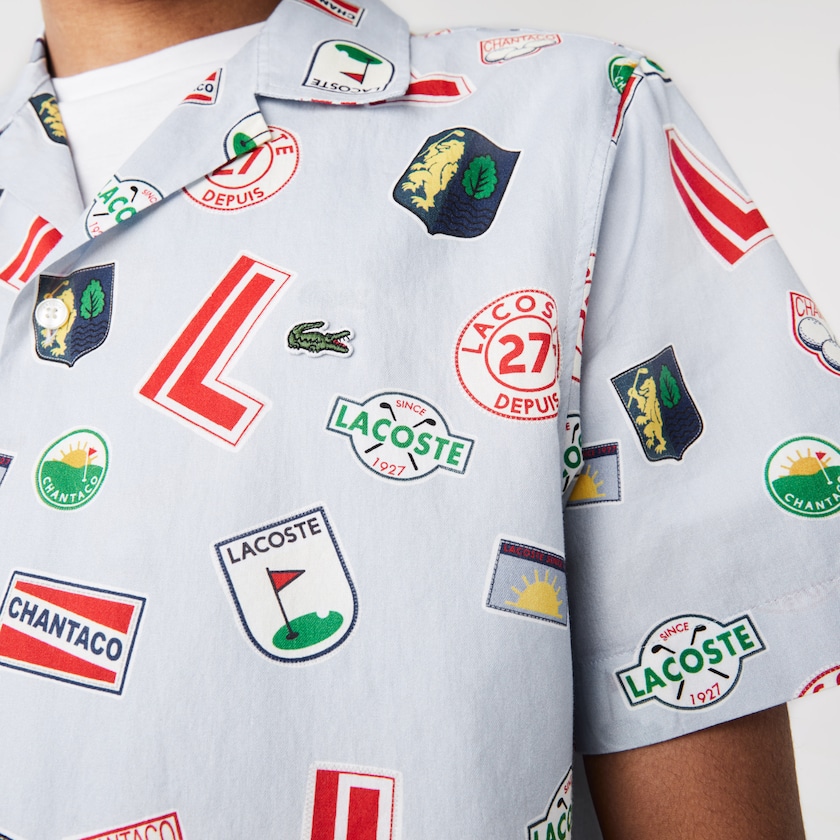 Camisas Azuis Branco Masculino Lacoste Hawaiian Print Cotton OL5-67106S3