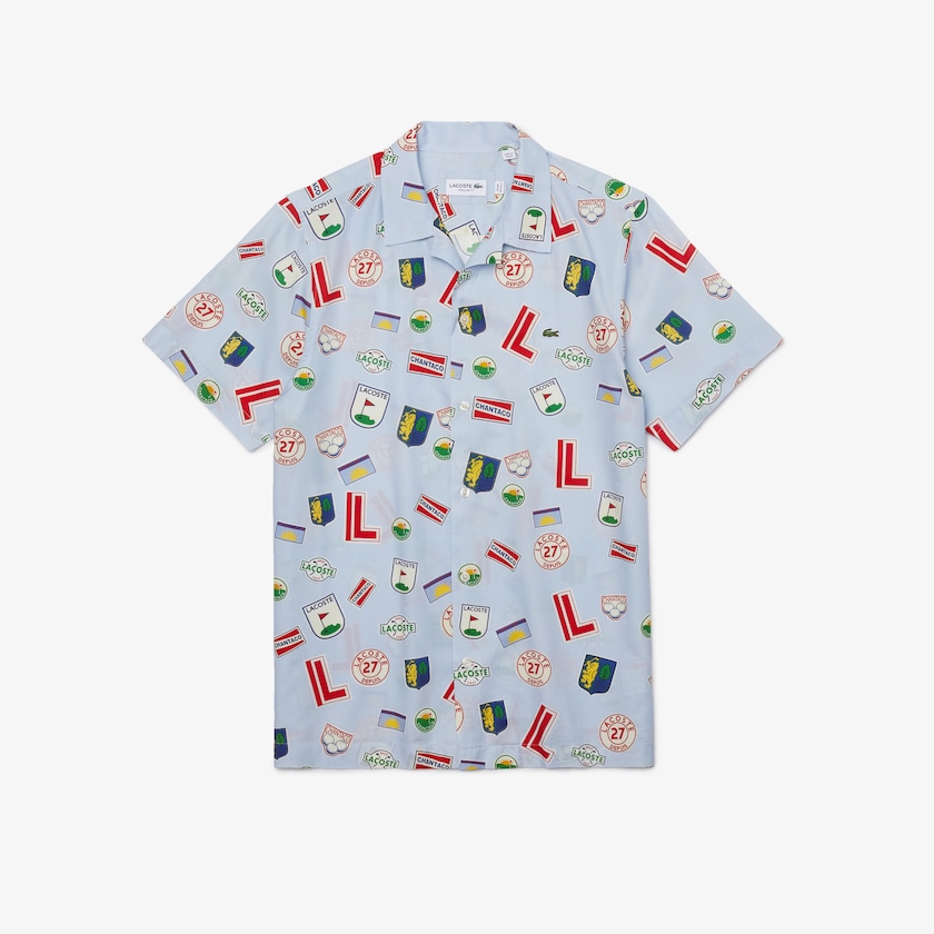 Camisas Azuis Branco Masculino Lacoste Hawaiian Print Cotton OL5-67106S3