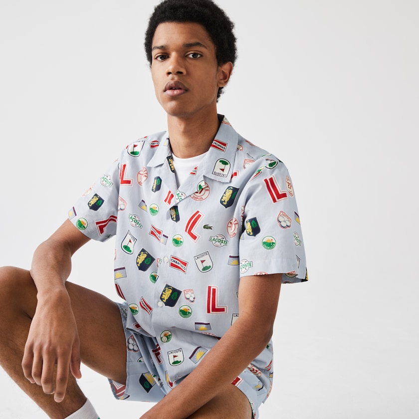 Camisas Azuis Branco Masculino Lacoste Hawaiian Print Cotton OL5-67106S3