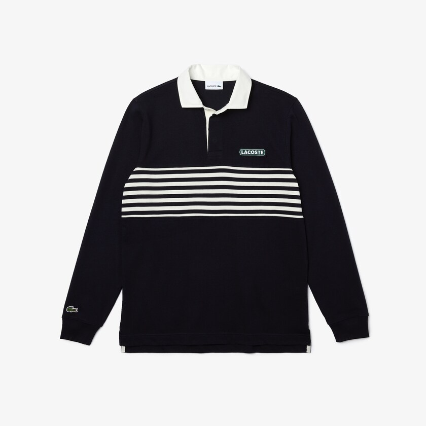 Camisas Azul Marinho Azuis Branco Azul Marinho Azuis Masculino Lacoste Héritage Striped Thick Cotton Rugby Polo NC4-98509W5