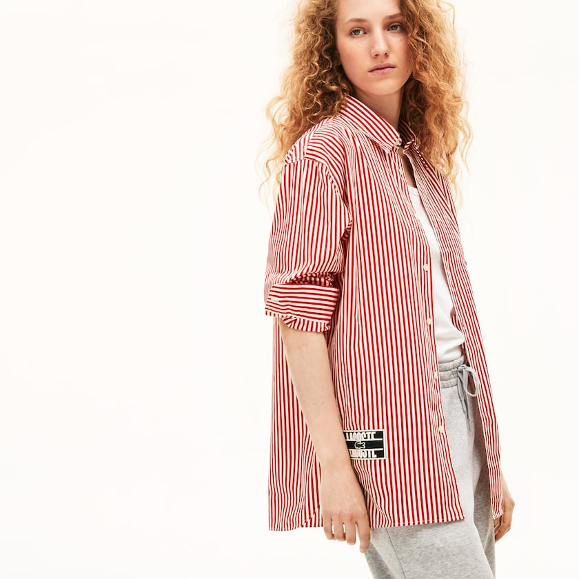 Camisas Branco Vermelhas Feminino Lacoste LIVE Boxy-Fit Striped Cotton TC5-66196Y4