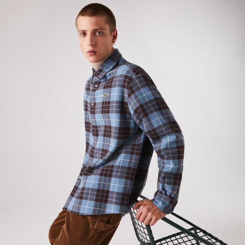 Camisas Azuis Marrom Masculino Lacoste LIVE Checked Flannel Lined Oversized EE3-24332I6