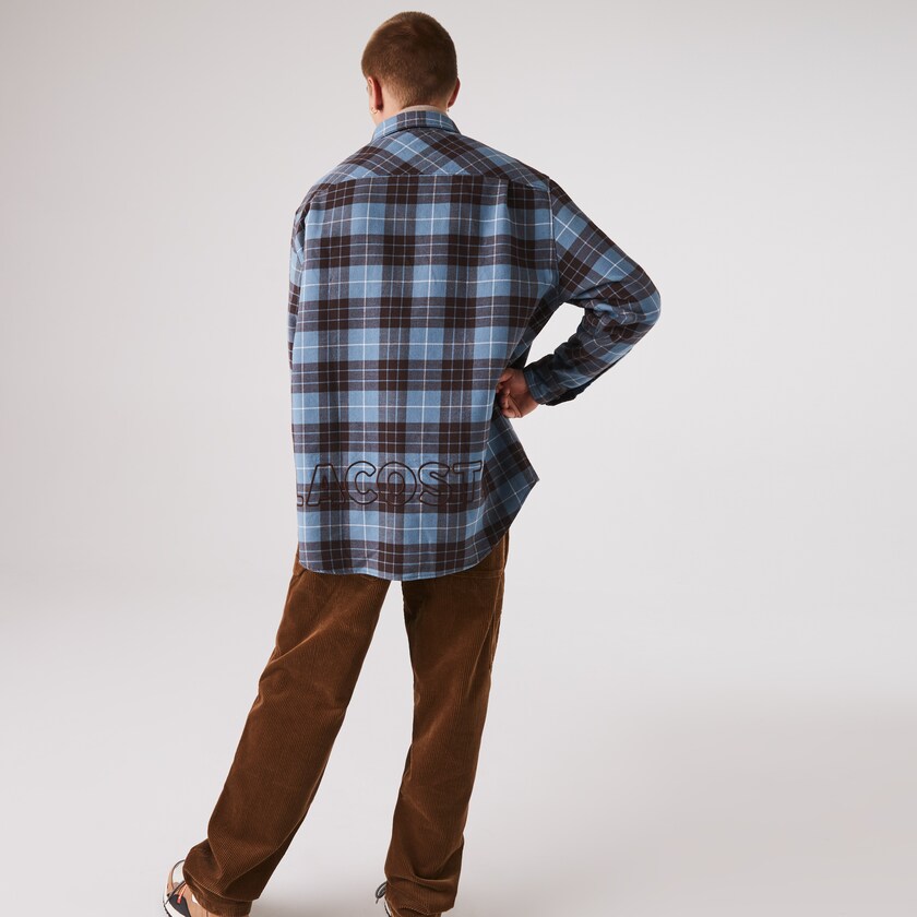 Camisas Azuis Marrom Masculino Lacoste LIVE Checked Flannel Lined Oversized EE3-24332I6