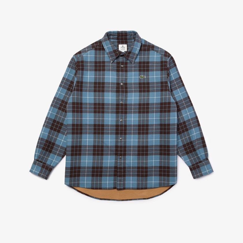 Camisas Azuis Marrom Masculino Lacoste LIVE Checked Flannel Lined Oversized EE3-24332I6