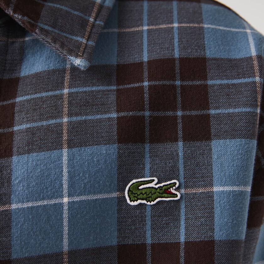 Camisas Azuis Marrom Masculino Lacoste LIVE Checked Flannel Lined Oversized EE3-24332I6