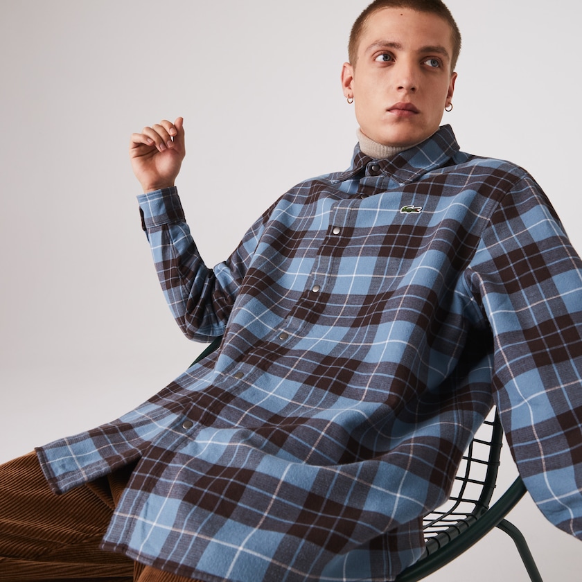 Camisas Azuis Marrom Masculino Lacoste LIVE Checked Flannel Lined Oversized EE3-24332I6