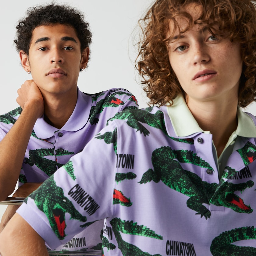 Camisas Roxo Branco Masculino Lacoste LIVE Chinatown Market Collaboration Loose Fit Polo MM4-35703S4