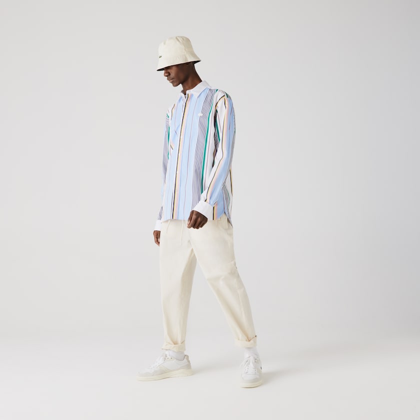 Camisas Azuis Branco Masculino Lacoste LIVE Relaxed Fit Mismatched-Stripe Cotton FC3-94299B2