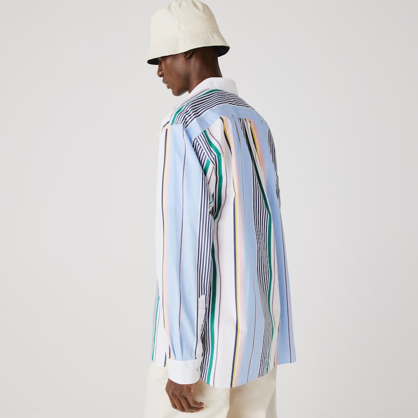 Camisas Azuis Branco Masculino Lacoste LIVE Relaxed Fit Mismatched-Stripe Cotton FC3-94299B2