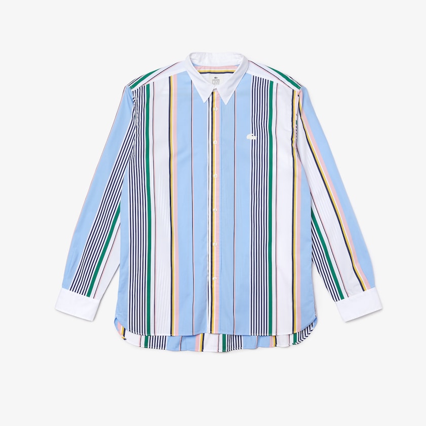 Camisas Azuis Branco Masculino Lacoste LIVE Relaxed Fit Mismatched-Stripe Cotton FC3-94299B2