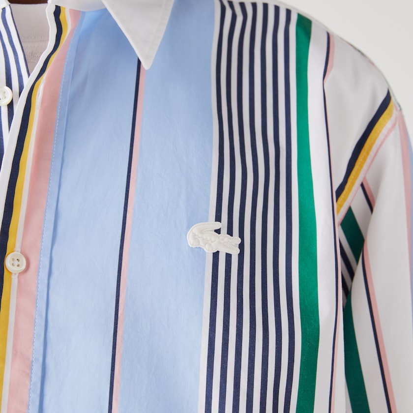 Camisas Azuis Branco Masculino Lacoste LIVE Relaxed Fit Mismatched-Stripe Cotton FC3-94299B2