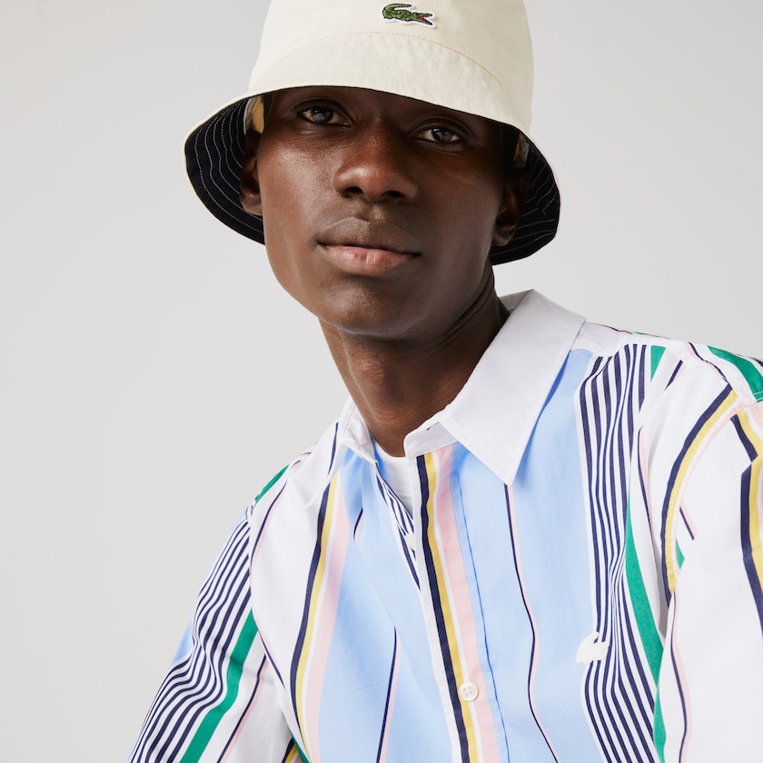 Camisas Azuis Branco Masculino Lacoste LIVE Relaxed Fit Mismatched-Stripe Cotton FC3-94299B2