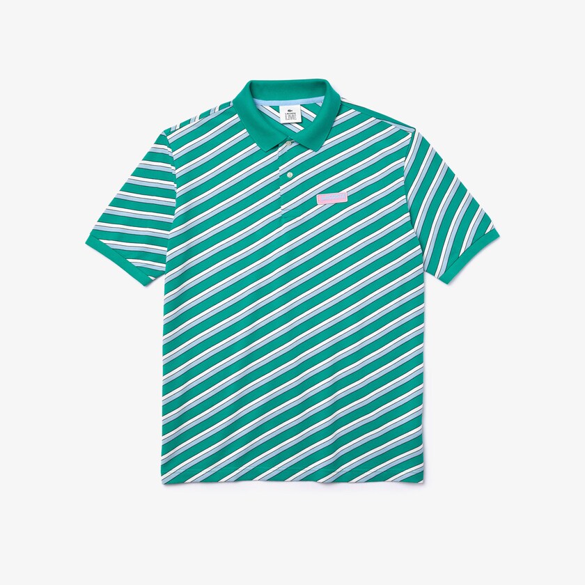 Camisas Verdes Branco Masculino Lacoste LIVE Striped Cotton Piqué Polo LX3-48564T8