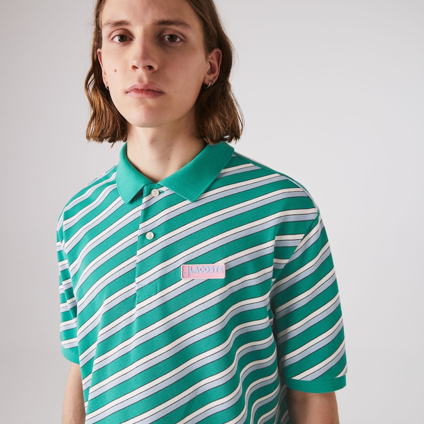 Camisas Verdes Branco Masculino Lacoste LIVE Striped Cotton Piqué Polo LX3-48564T8