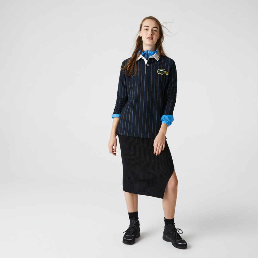 Camisas Pretas Azuis Masculino Lacoste LIVE Striped Cotton Polo JA3-74547O4