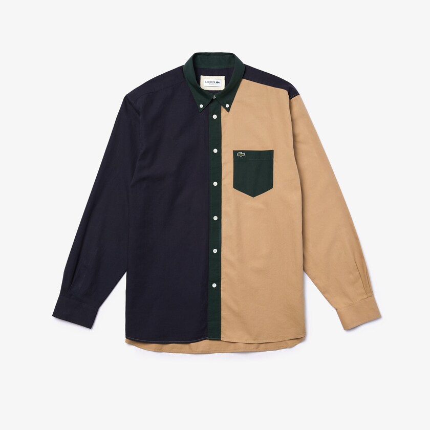 Camisas Azul Marinho Azuis Verdes Bege Masculino Lacoste Lightweight Regular Fit Colorblock Cotton Canvas EX0-92219E5