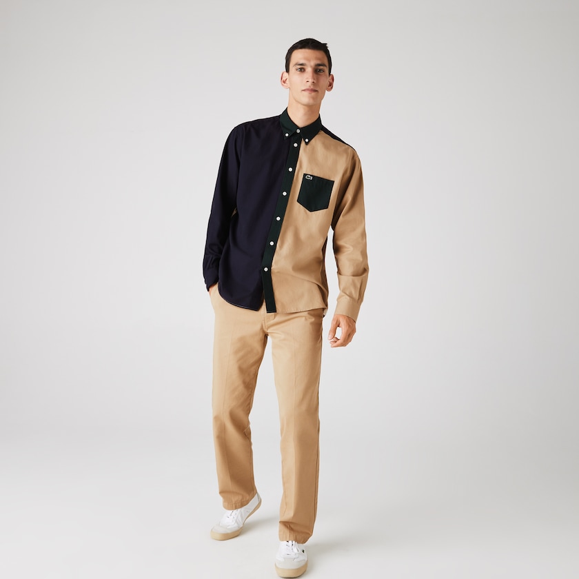 Camisas Azul Marinho Azuis Verdes Bege Masculino Lacoste Lightweight Regular Fit Colorblock Cotton Canvas EX0-92219E5
