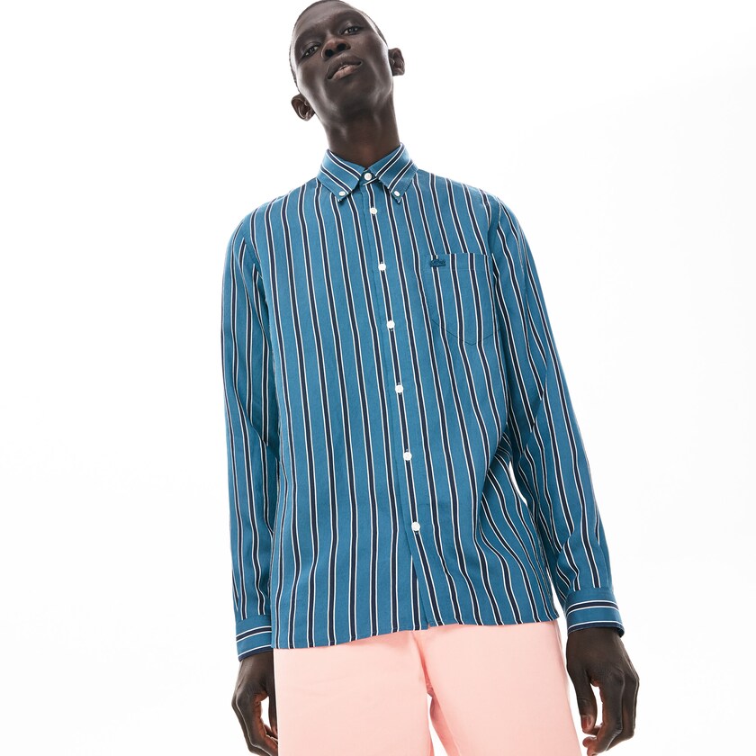 Camisas Azul Marinho Azuis Branco Masculino Lacoste Lightweight Striped CH5-64086D7