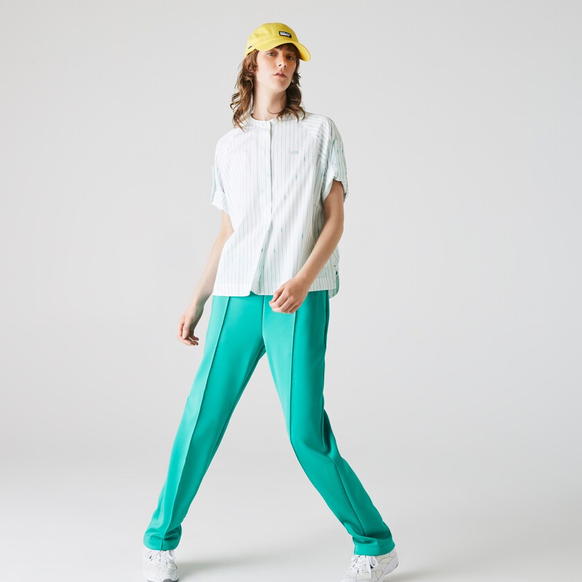 Camisas Branco Verdes Feminino Lacoste Oversized Mao Collar Striped Cotton Poplin Blouse OB8-54845P5