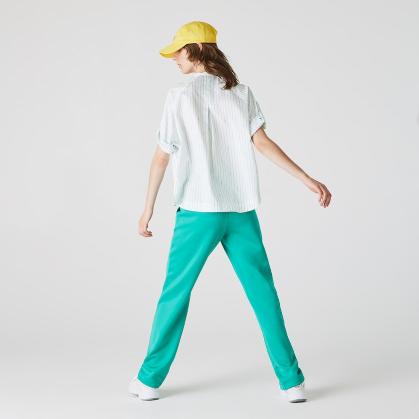 Camisas Branco Verdes Feminino Lacoste Oversized Mao Collar Striped Cotton Poplin Blouse OB8-54845P5