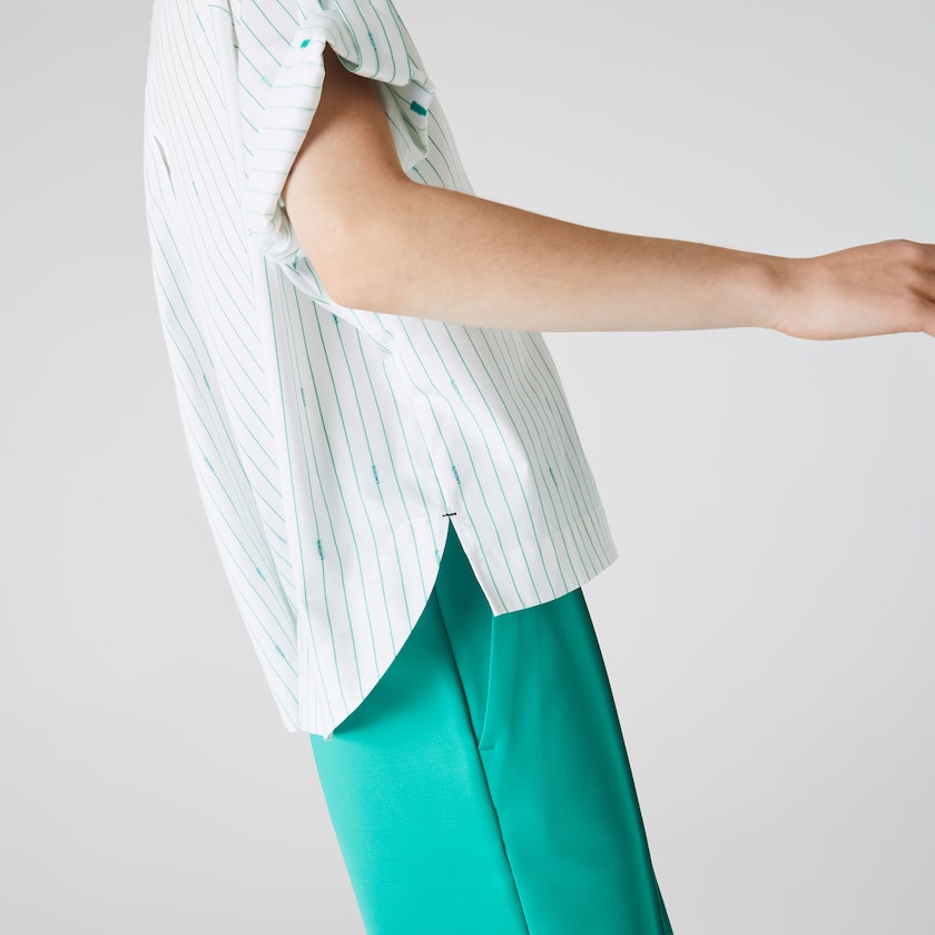 Camisas Branco Verdes Feminino Lacoste Oversized Mao Collar Striped Cotton Poplin Blouse OB8-54845P5