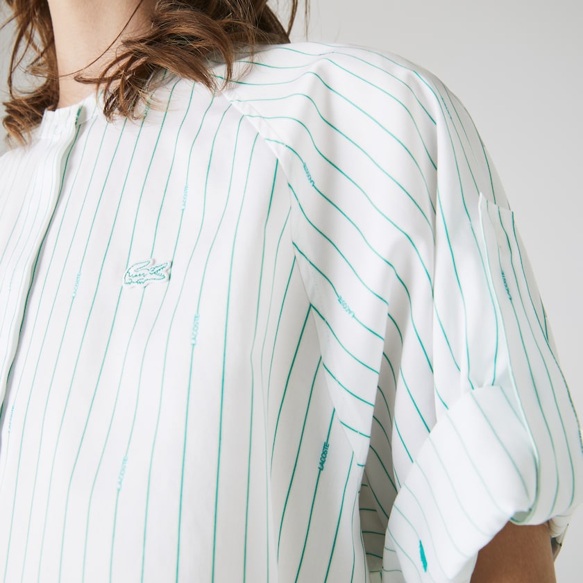 Camisas Branco Verdes Feminino Lacoste Oversized Mao Collar Striped Cotton Poplin Blouse OB8-54845P5