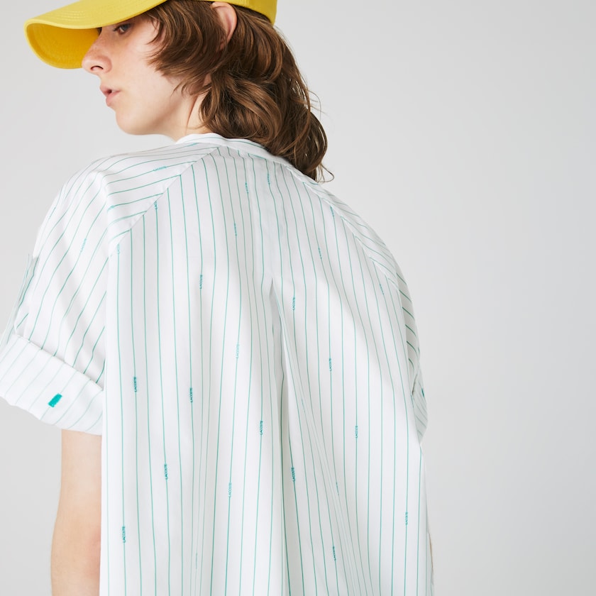 Camisas Branco Verdes Feminino Lacoste Oversized Mao Collar Striped Cotton Poplin Blouse OB8-54845P5