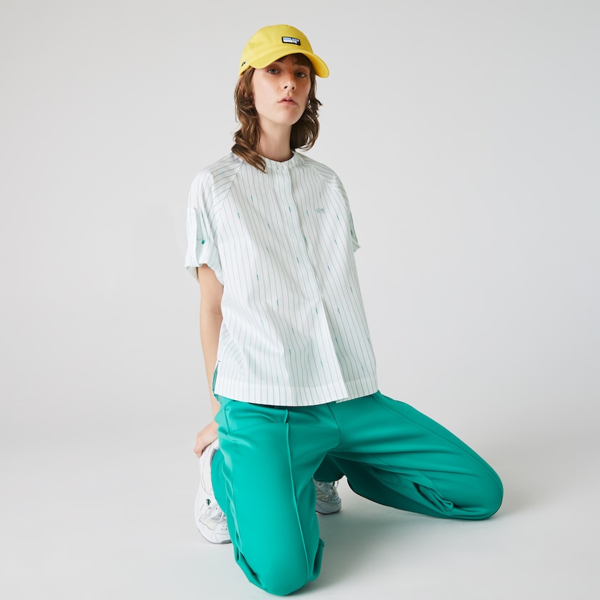 Camisas Branco Verdes Feminino Lacoste Oversized Mao Collar Striped Cotton Poplin Blouse OB8-54845P5