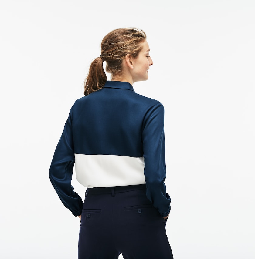 Camisas Azuis Branco Feminino Lacoste Regular Fit Bicolor Flowing Piqué PW0-79777J8