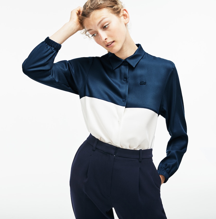 Camisas Azuis Branco Feminino Lacoste Regular Fit Bicolor Flowing Piqué PW0-79777J8