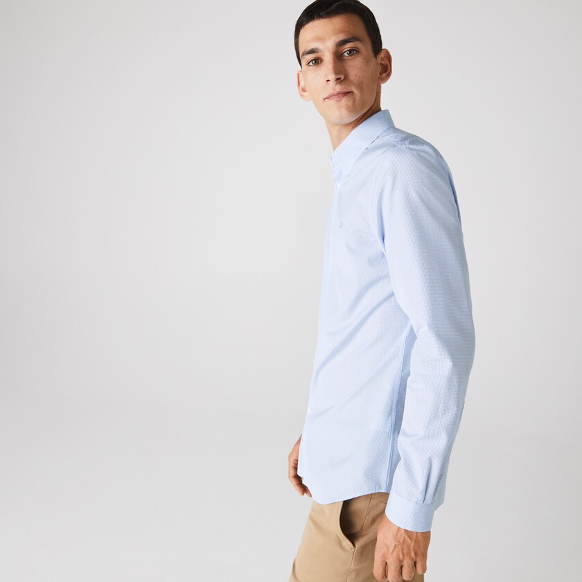 Camisas Branco Azuis Masculino Lacoste Regular Fit Checkered Premium Cotton Poplin AE9-37423D5